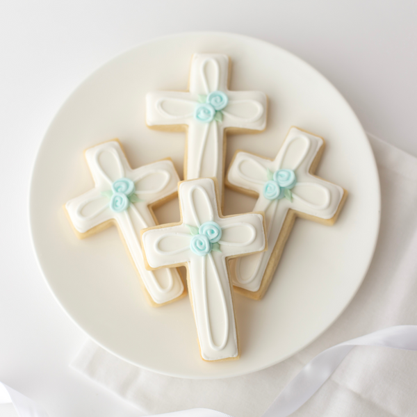 Baptism Cross Sugar Cookies - Blue Floral Details