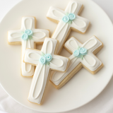 Baptism Cross Sugar Cookies - Blue Floral Details