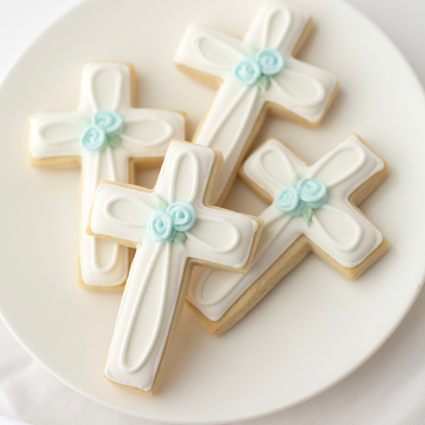 Baptism Cross Sugar Cookies - Blue Floral Details