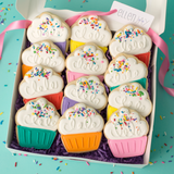 Gourmet cupcake sugar cookies hand-decorated with royal icing and topped with rainbow sprinkles.